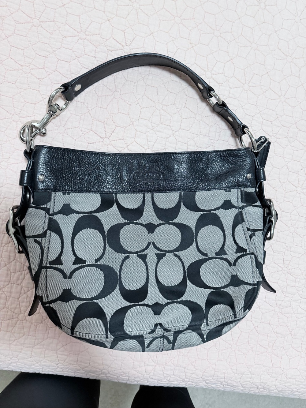 Coach Gray and Black Signature Canvas Shoulder Bag